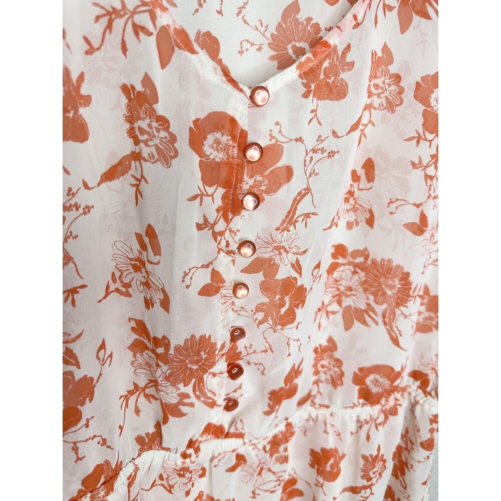 Forever 21 Shirt Womens Large Orange Floral Button Front Peplum Short Sleeve - Picture 2 of 4